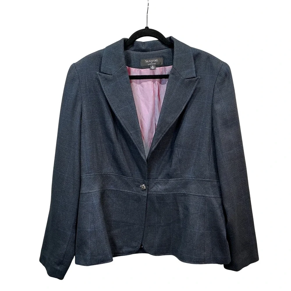 Signature by Larry Levine Womens Blazer 18 Charcoal‎ Gray Plaid Peplum Jacket
